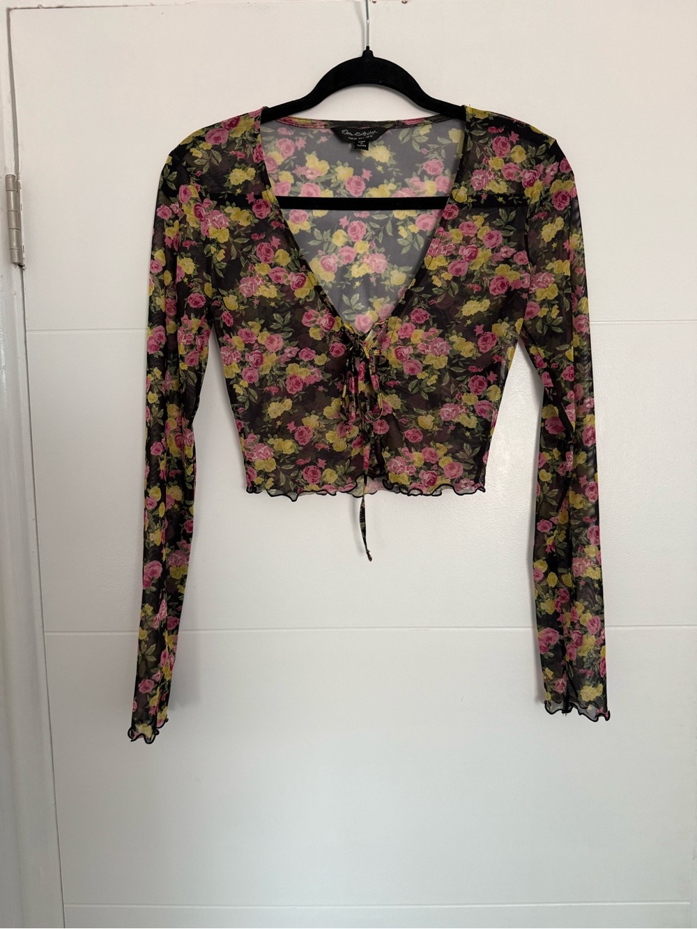 Miss Selfridge Sheer Floral Tie-Up Crop Top With Lettuce Hems
